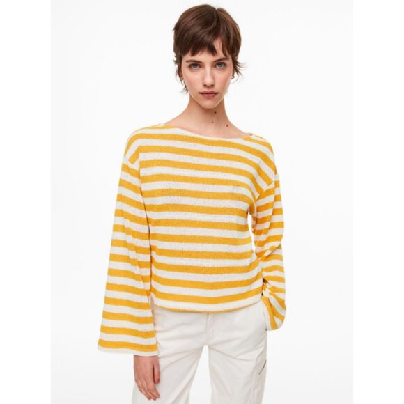 H&M Boxy Bell Sleeve Boat Neck Jumper in Yellow/White Striped Nautical Beachy - Picture 2 of 13